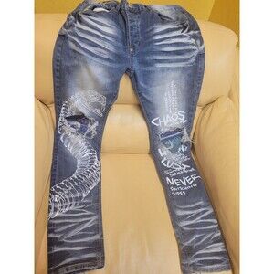 MacKeen Jeans Mens 36x34 Blue Art MK 200 Graffiti Stretch Whiskers Slim Street